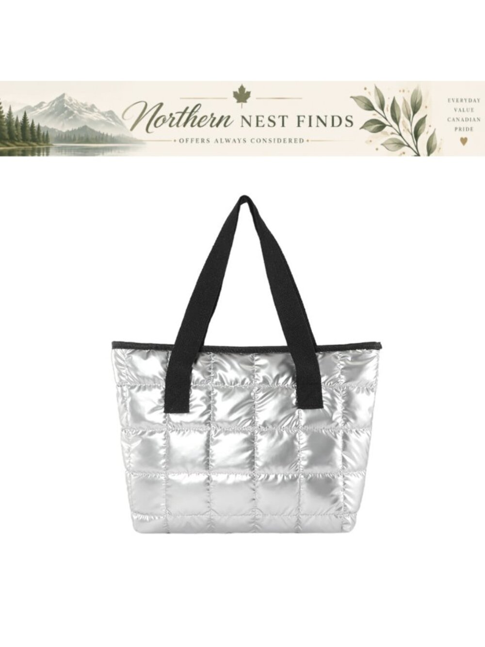 Quilted Puffer Tote Bag Nylon Polyester Blend Zipper Shoulder Handbag Work